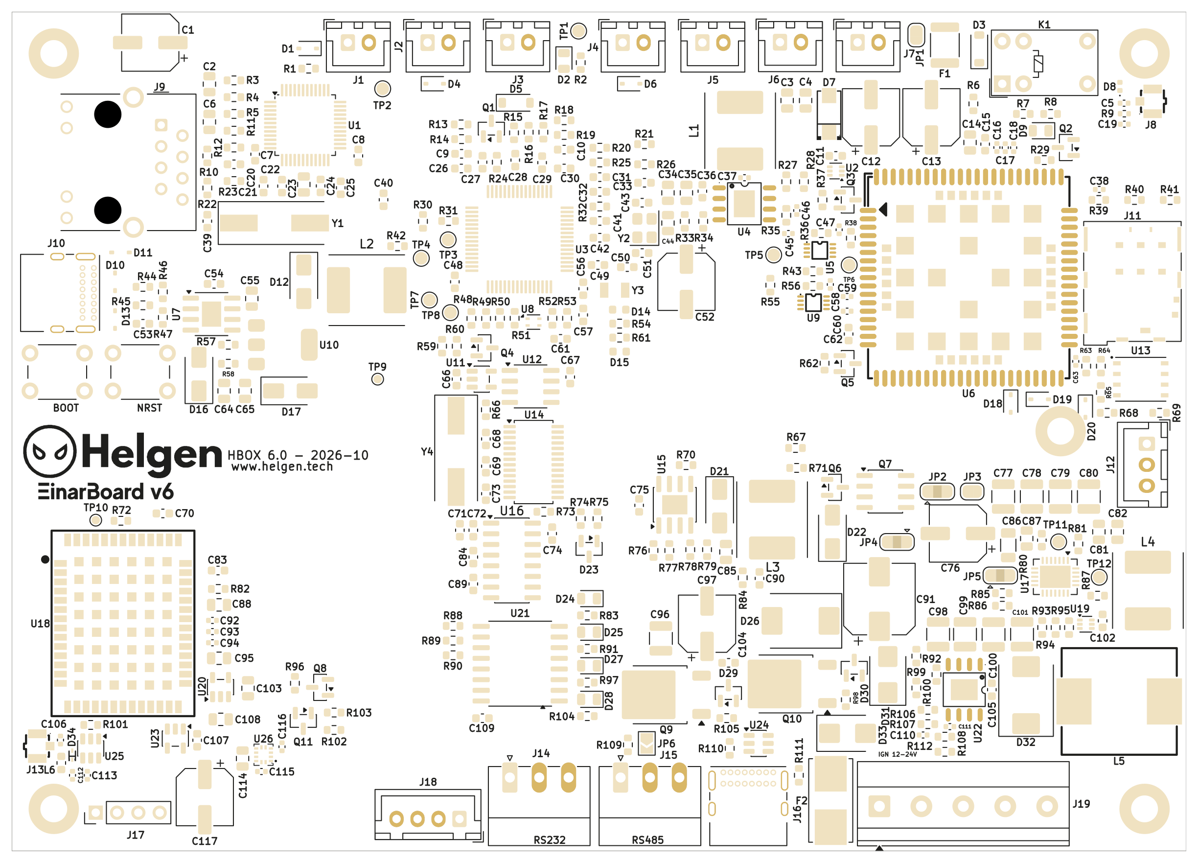 Serigrafía superior (negro) con las aberturas de máscara (dorado).