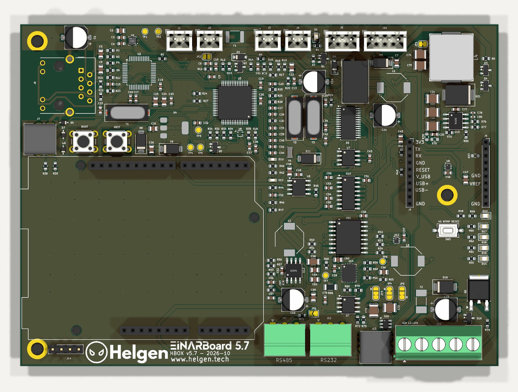 Vista 3D desde arriba (kicad-cli), sin el simpleRTK2B ni el 4G NTRIP Master, que