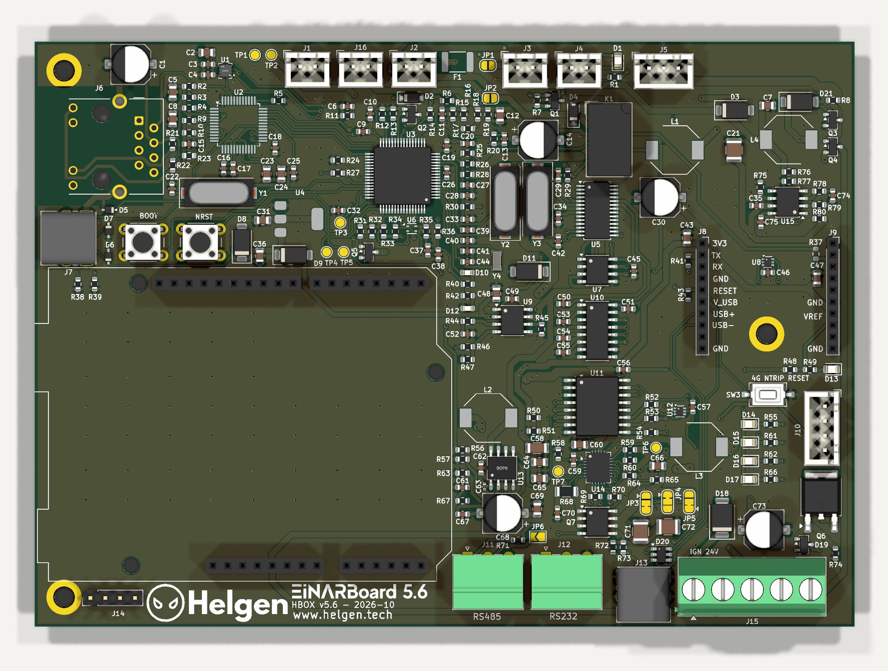 Vista 3D desde arriba (kicad-cli), sin el simpleRTK2B ni el 4G NTRIP Master, que