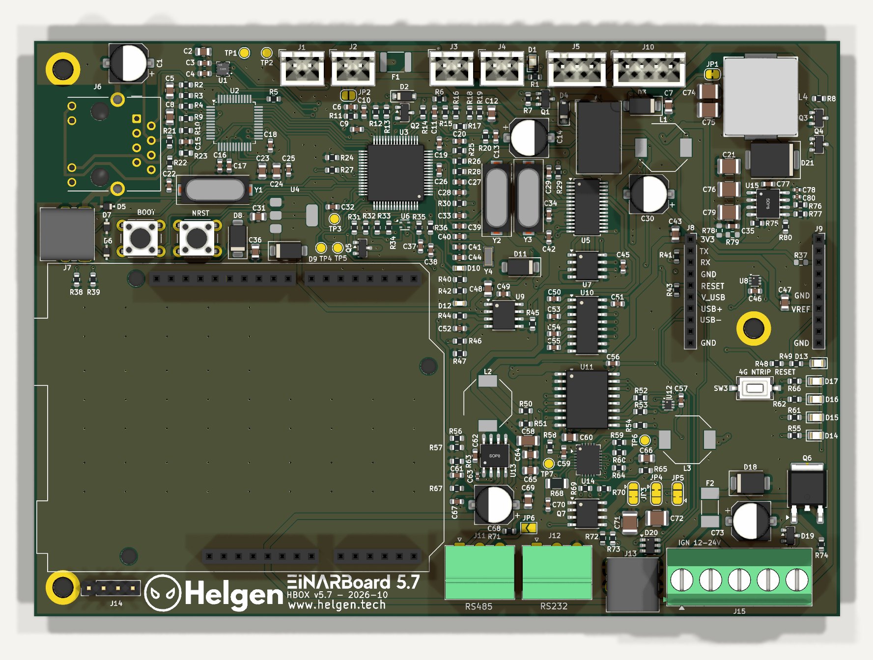Vista 3D desde arriba (kicad-cli), sin el simpleRTK2B ni el 4G NTRIP Master, que