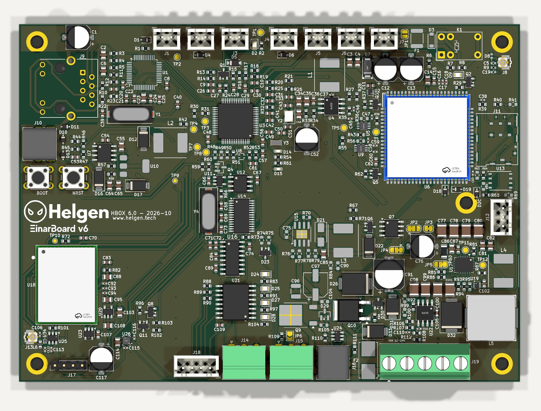 Vista 3D desde arriba (kicad-cli). U6 y U18 llevan modelos genéricos; J9 no tien