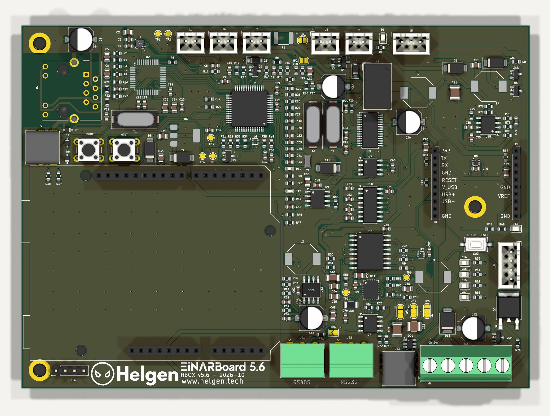Vista 3D desde arriba (kicad-cli), sin el simpleRTK2B ni el 4G NTRIP Master, que